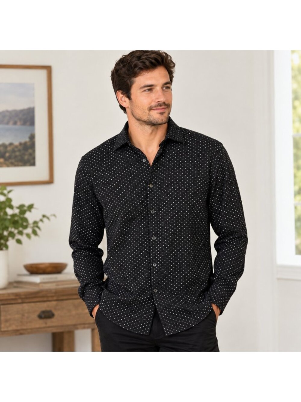 Denim & Flower Black Button Down Shirt by Ricky Singh Men XL Swiss Dot Easy Care